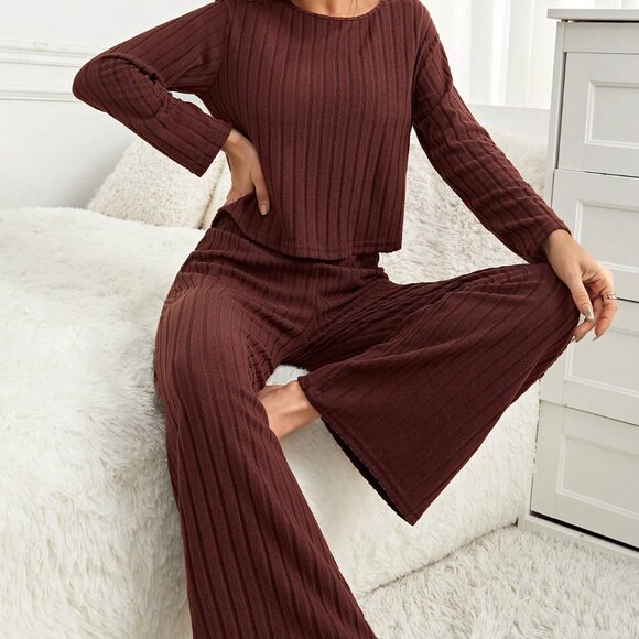 Coffee Brown Casual-Woman Women's Long Sleeve Ribbed lounge Set - Picture 5 of 6
